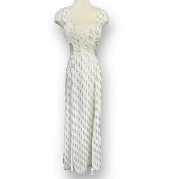 Free People Lightweight Cross My Heart White and Gold Gauzy Jacquard Maxi  Dress